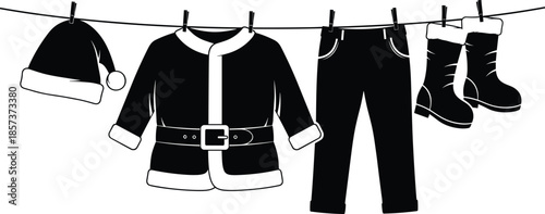 Santa Claus clothes silhouette, Christmas outfit hanging on clothesline, holiday costume illustration, black and white vector, winter festive concept, icon
