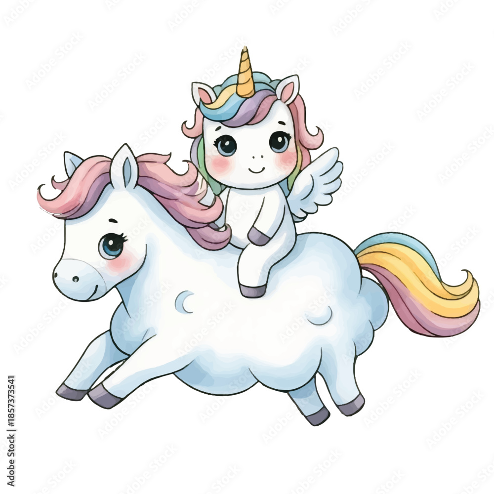 Naklejka premium A cute cartoon illustration of a unicorn with a horse in a simple artistic style