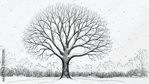 Detailed sketch of a large leafless deciduous tree in a snowy winter field
