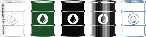 Set of oil barrel icons in various graphic styles showing industrial fuel storage containers with drop symbol