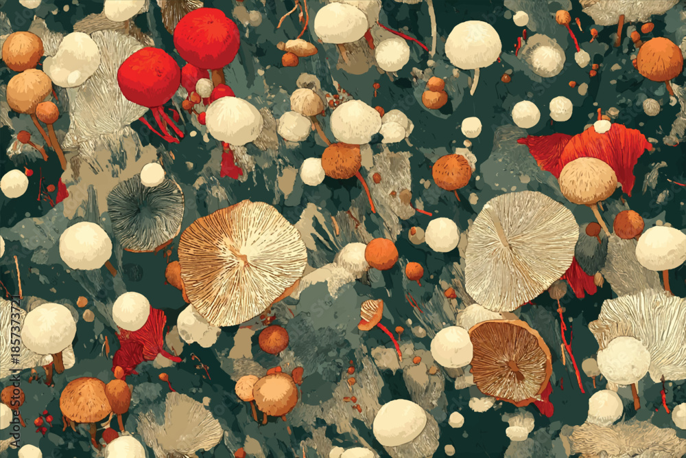Ταπετσαρία Whimsical Mushroom forest camo, magical forest featuring a variety of colorful herbs, ferns fungal caps, spores, and mycelium networks