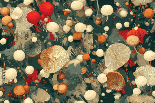 Whimsical Mushroom forest camo, magical forest featuring a variety of colorful herbs, ferns fungal caps, spores, and mycelium networks. wrapping paper, textile wallpaper, abstract and background
