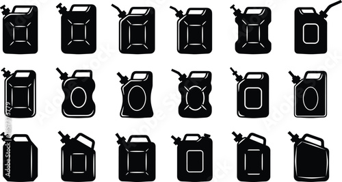 Jerry Can and Gas Can Silhouettes Set, Various Fuel Container Black Vector Icons, Transportation, Emergency, Gasoline, Liquid Storage Graphic Collection
