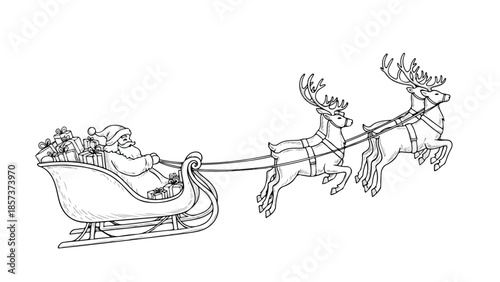 Minimalist one line drawing of Santa's sleigh and reindeer in flight