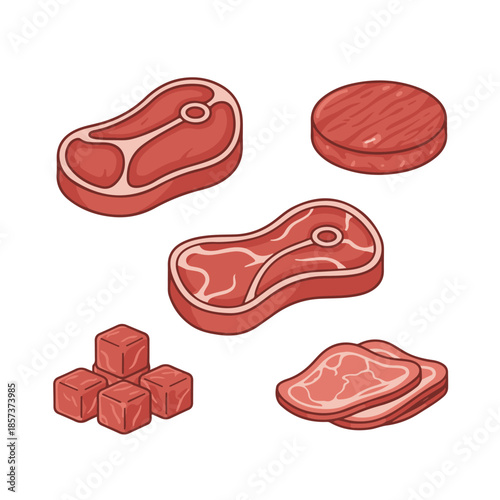 Collection of various raw meat cuts and cubes, including steak and burger patty