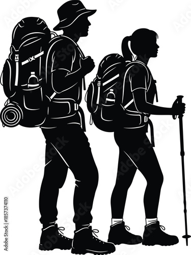 Backpacker hikers silhouette couple trekking outdoors, adventure travel illustration, camping hiking gear, black and white vector, nature exploration concept, journey