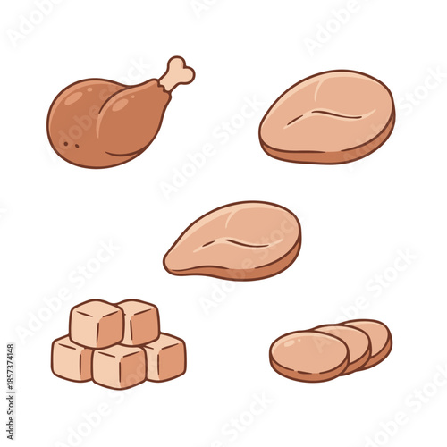 Vibrant cartoon vector illustration of assorted raw and prepared meat cuts. Features chicken, beef, and deli slices. Ideal for food graphics or grocery designs