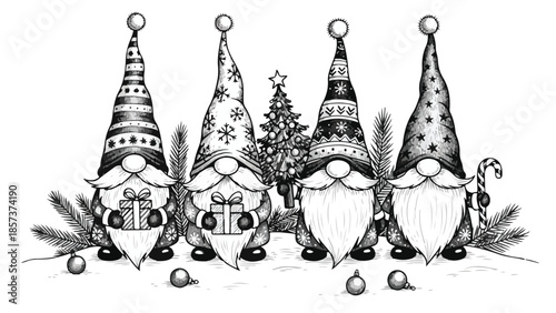Set of decorative Christmas garden gnomes in various festive outfits