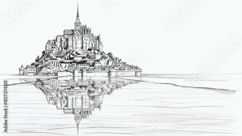 Symmetrical sketch of a majestic gothic island abbey surrounded by water