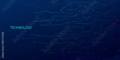 Abstract blue background with glowing circuit board lines and technology text