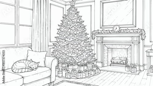 Elegant living room interior with a large Christmas tree near a lit fireplace