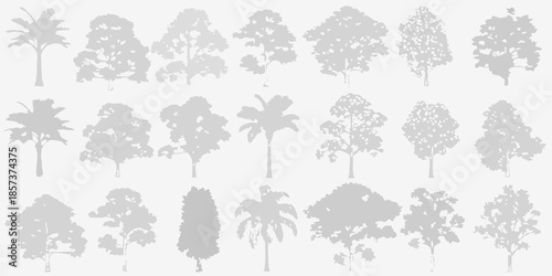Collection of grayscale tree silhouettes and a palm tree arrangement