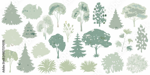 Variety of green trees and foliage illustrations on a white background