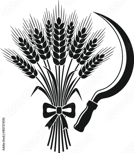 Wheat sheaf and sickle silhouette, agriculture harvest symbol, farming illustration, black and white vector, rural tradition, grain crop, food concept