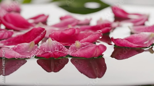 Petals on Water: A close-up view captures the tender beauty of vibrant pink rose petals gracefully floating on the reflective surface of water, creating a soothing and romantic atmosphere.