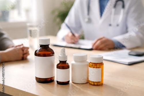 Medicine bottles on table during doctor prescription and patient consultation in modern healthcare clinic