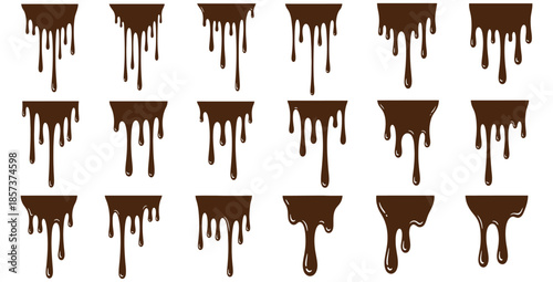 Collection of various dark brown chocolate drip icons showing liquid melting and flowing down in diverse artistic styles perfect for confectionery decoration or dessert branding elements