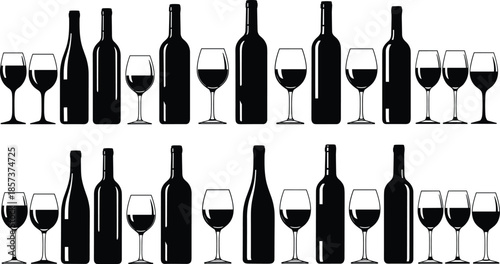 wine bottle and glass silhouettes, alcohol beverage icons, bar restaurant menu design, black vector illustration, isolated white background, set, collection