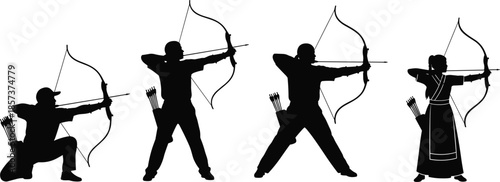 rcher Silhouettes Collection, Male and Female Figures with Bows, Archery Sport Vector Set, Aiming, Shooting, Competition, Tournament, Target Practice