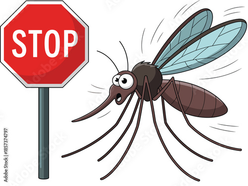 Funny cartoon mosquito flying next to a red stop sign for pest control virus prevention and insect repellent marketing vector illustration