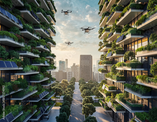 Futuristic sustainable city in 2026 with vertical gardens, solar panels, and delivery drones flying over green urban landscape