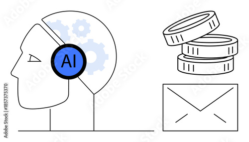 AI, automation, fintech, digital communication, machine learning, innovation. Outline of a human head with AI text, gears stacked coins and an envelope. AI and fintech concepts