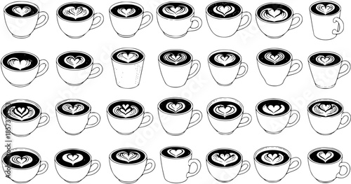 Food  Beverage Industry Black  White Line Art Coffee Cups with Heart Latte Art Doodle Pattern. Hand-drawn Cafe Drink Vector Collection.