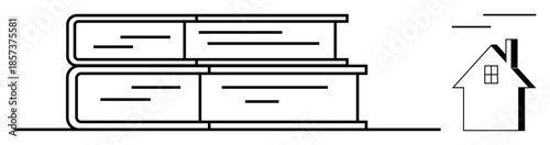 Education, home learning, library, personal growth, reading habits, minimalism. Two stacked books next to a minimalist house drawing. Education and home learning