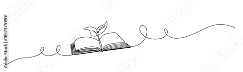Continuous one line drawing of an open book with a growing plant sprout. Editable black stroke on a white background. Vector illustration.