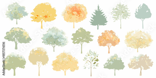 A collection of watercolor style trees in varying shapes and colors
