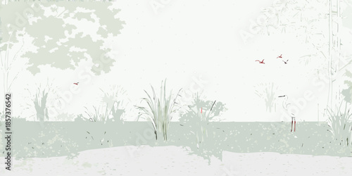 Minimalist landscape with sparse trees grass and a few red birds flying