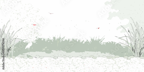 A serene landscape featuring a white bird amidst grassy reeds and pebbles