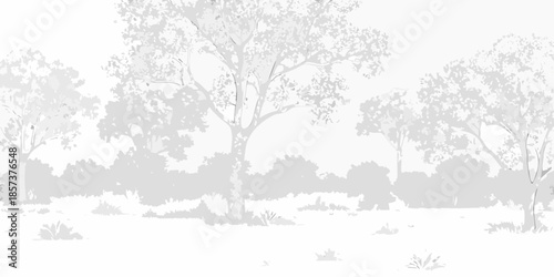 A grayscale landscape featuring trees and vegetation against a light background