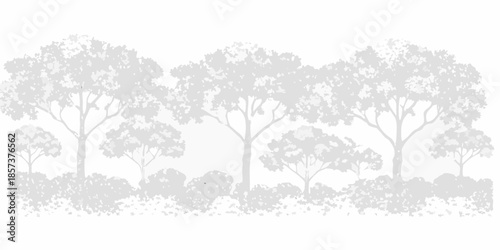 A grayscale silhouette of a forest with trees and undergrowth