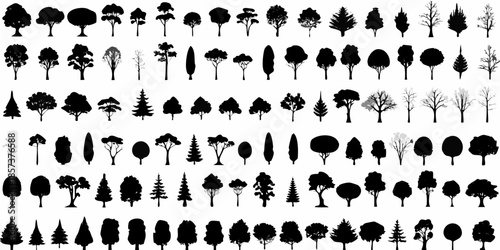 Collection of various black silhouette tree shapes arranged in multiple rows