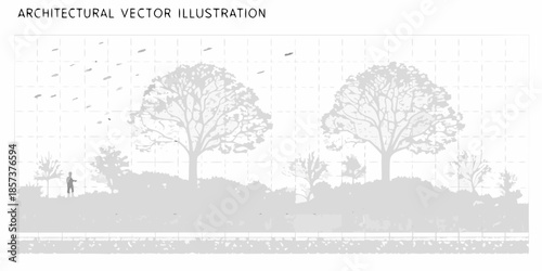 Architectural plan with trees shrubs and a person in a landscape setting