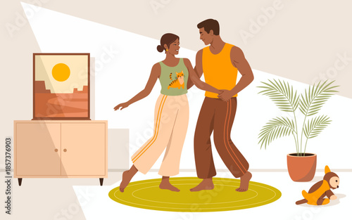 A joyful couple dancing in their stylish living room, surrounded by cozy decor and a peaceful atmosphere, reflecting love and connection through movement and shared moments.