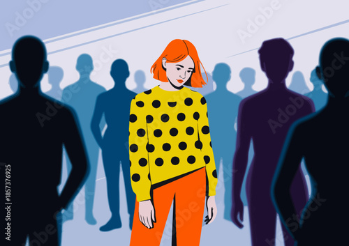 A thoughtful woman stands out in a crowd of dark silhouettes, showcasing her uniqueness and introspection amidst a backdrop of anonymity and social presence.