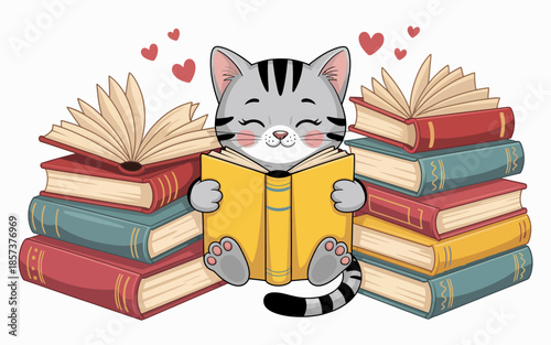 An adorable cat nestled between stacks of colorful books, happily reading, portraying a delightful scene filled with joy and curiosity in a playful, imaginative setting.