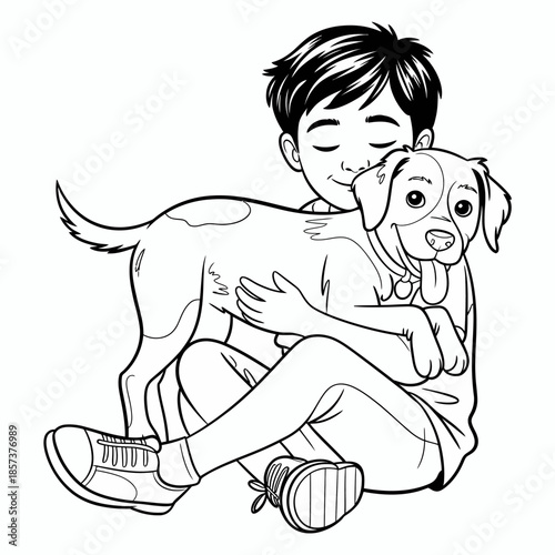 A young boy sits happily with his beagle dog in a cozy setting, capturing a tender moment of companionship and joy between a child and his beloved pet.