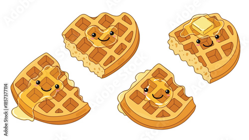 Cute cartoon waffles dripping with sweet syrup and melting butter