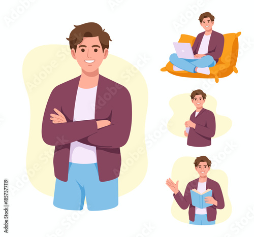 A young man depicted in different relaxing scenarios such as working on a laptop, reading a book, and enjoying a drink, representing modern leisure and productivity.