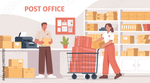 The dynamic ambiance of a postal service environment is captured as workers efficiently manage packages and documents, symbolizing organization and community support.