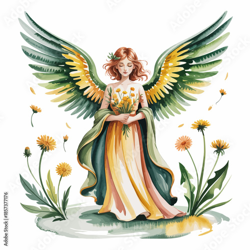 An ethereal illustration of an angel holding a bouquet of flowers, set within a natural environment, symbolizing beauty, peace, and connection with nature.