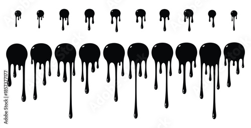 Collection of black liquid paint drips and splatters in various sizes forming an abstract border design element perfect for grunge or horror themed graphic overlays and artistic expressions