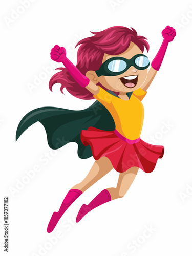 A vibrant illustration of a superhero girl with lively pink hair, wearing a dynamic costume, capturing the essence of adventure and empowerment in a playful manner.