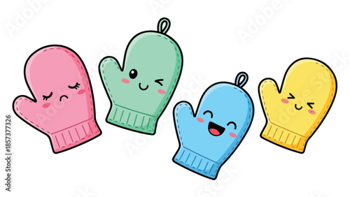 Adorable colorful cartoon mittens with expressive faces for warmth and joy