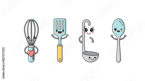 Cute Cartoon Kitchen Utensils with Smiling Faces and Playful Charm