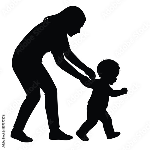 Toddler walking guidance silhouette ideal for early childhood vector themes.