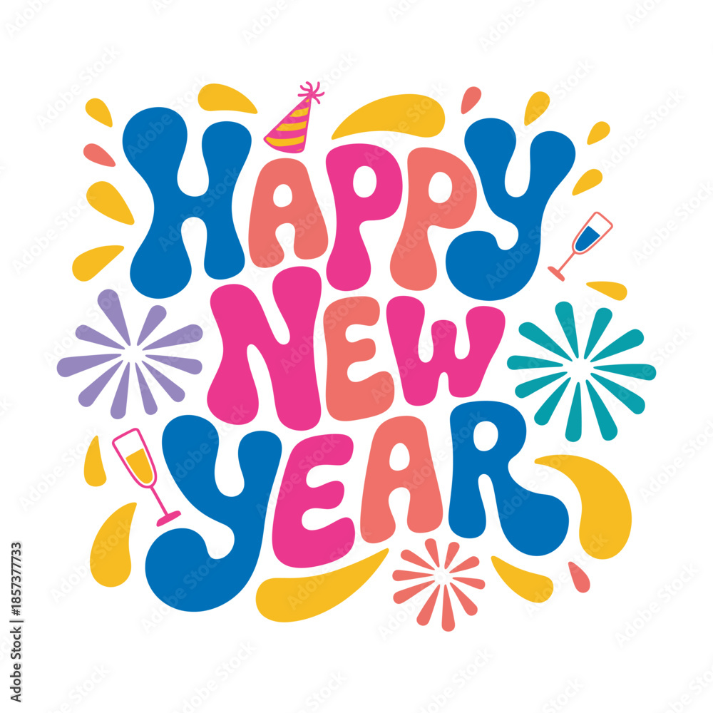 Obraz premium A colorful and festive happy new year lettering illustration with celebration elements